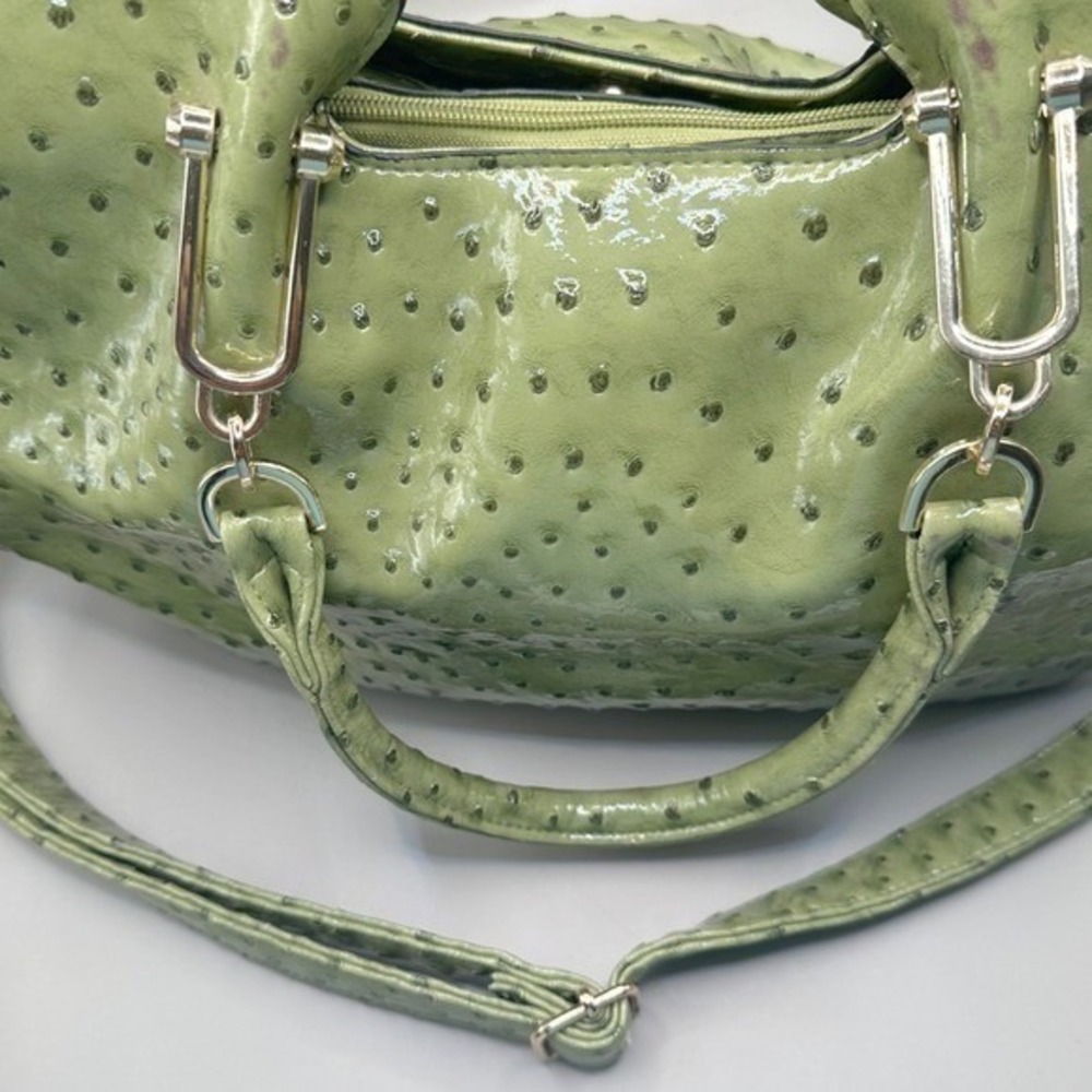 Sondra Roberts Satchel Large Green Ostrich Embossed Patent FauxLeather Gold Trim - Picture 12 of 13